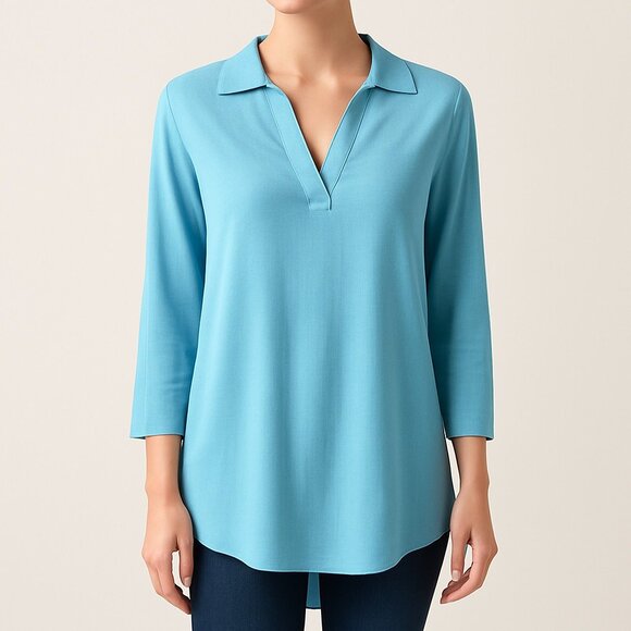 Aqua Blue Popover Tunic Top Split Neck Long Sleeve High Low Hem Rayon Size Small - Picture 1 of 8